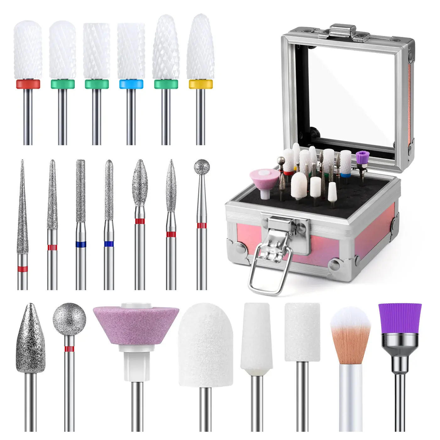 Ceramic Diamond Carbide Nail Drill Bits with Portable Holder Case 21Pcs